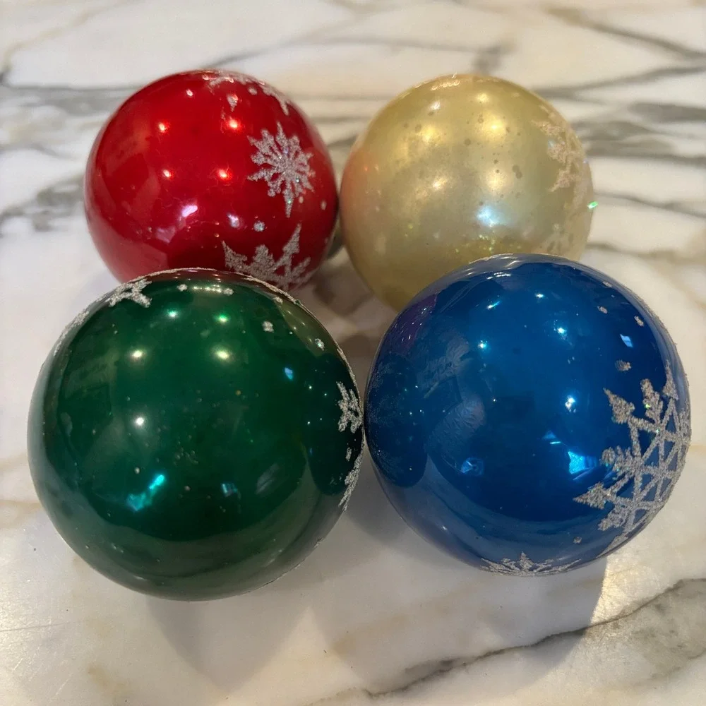 Vintage Glass Ball Ornaments Set of 4 Multicolor Snowflake Glitter MCM 2.5